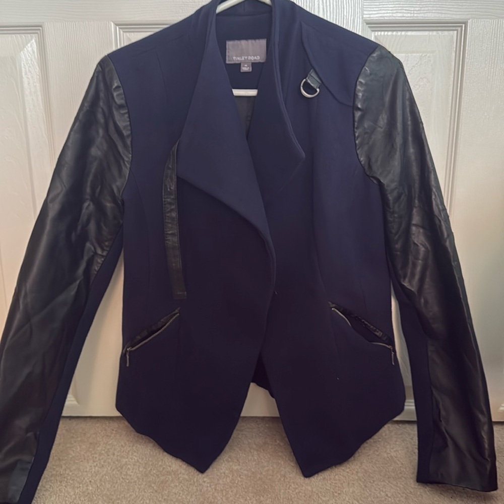 Tinley Road Navy Wool Style and Black Faux Leather Motto Jacket Size M